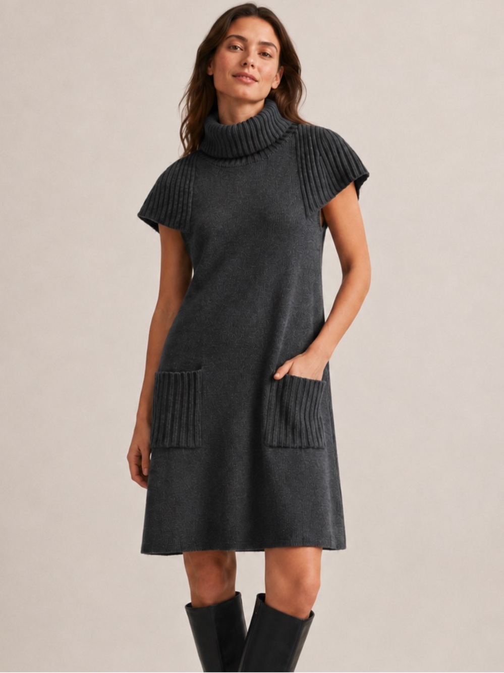 Calvin Klein Charcoal Gray Short Sleeve Turtleneck Capelet Sweater Dress Pockets
